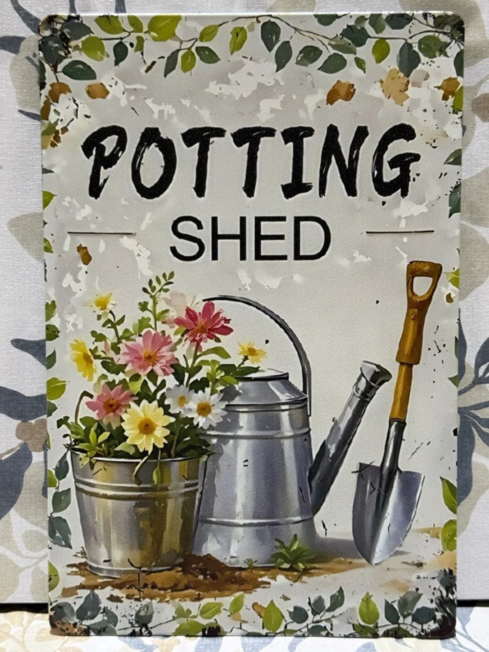 Potting Shed Vintage Garden Metal Sign - Floral Watering Can